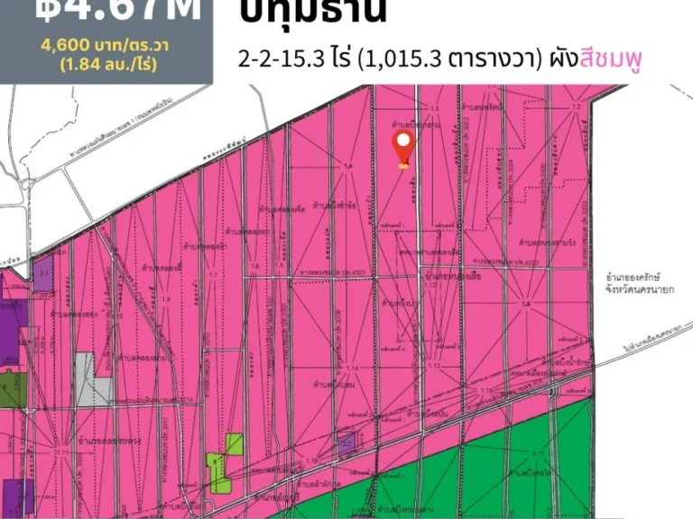 ที่ดินคลอง10 หนองเสือ ปทุมธานี ขนาด 2-2-153 ไร่ ผังสีชมพู