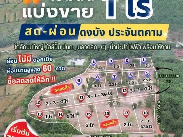 ขายที่ดินดงบัง ประจันตคาม สดผ่อน เริ่มต้น 1 ไร่