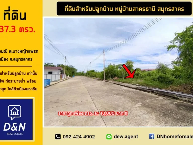 ขาย ที่ดิน 137 ตรว หมู่บ้านสาครธานี สมุทรสาคร ถมแล้ว สาธารณูปโภคครบครัน