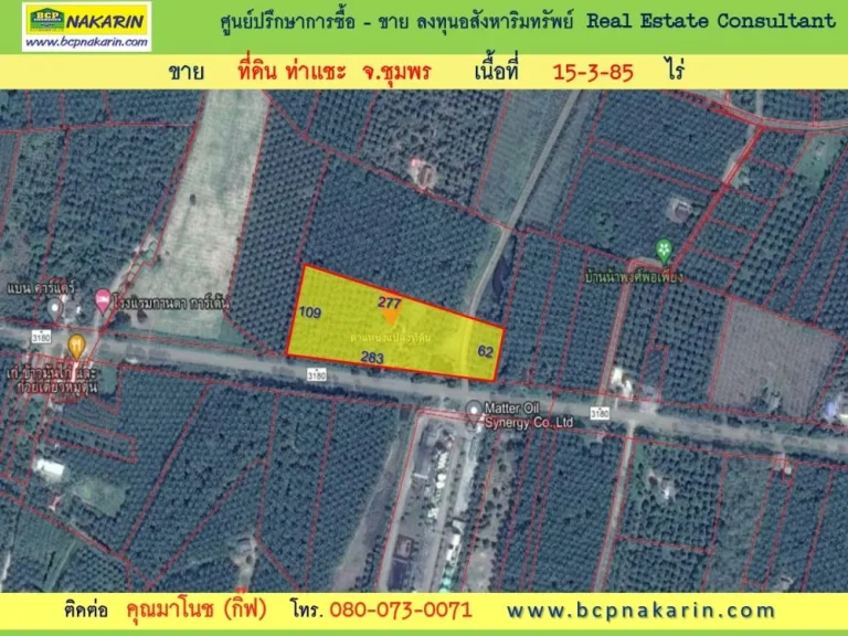 ขายที่ดิน 15-3-85ไร่ ใกล้โรงเรียนไทยรัฐวิทยา อ ท่าแซะ จ