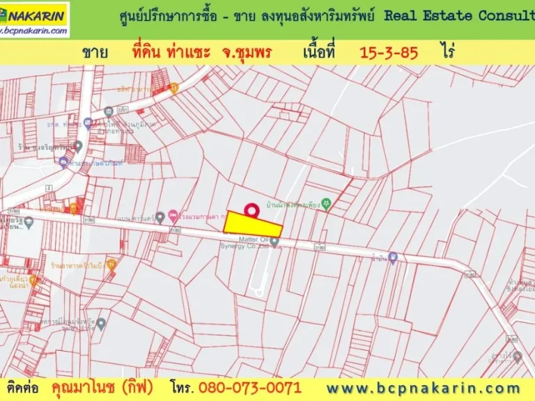 ขายที่ดิน 15-3-85ไร่ ใกล้โรงเรียนไทยรัฐวิทยา อ ท่าแซะ จ