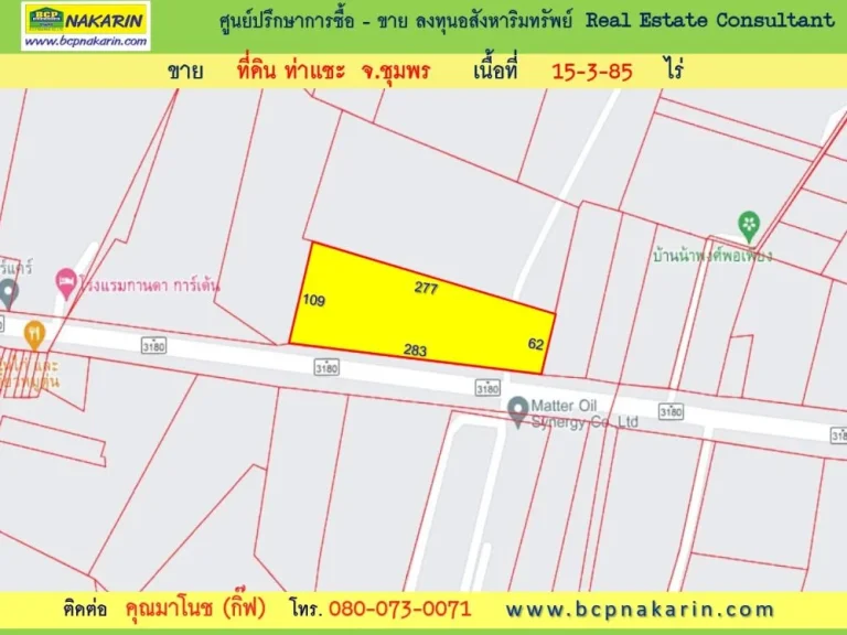 ขายที่ดิน 15-3-85ไร่ ใกล้โรงเรียนไทยรัฐวิทยา อ ท่าแซะ จ