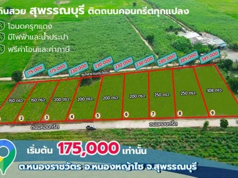 ที่ดินสุพรรณบุรี ติดถนนคอนกรีต แค่ 175000 ฟรีโอน- น้ำ-ไฟ