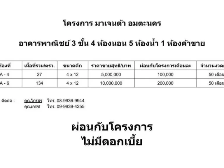 ขายตึก ห้องริม ห้อง A6 หน้ากว้าง 4 เมตร ลึก 12 เมตร