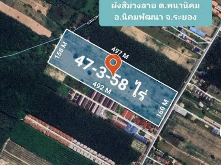 ขายที่ดิน อำเภอนิคมพัฒนา ระยอง 47 ไร่ ผังสีม่วงลาย อยู่ใกล้