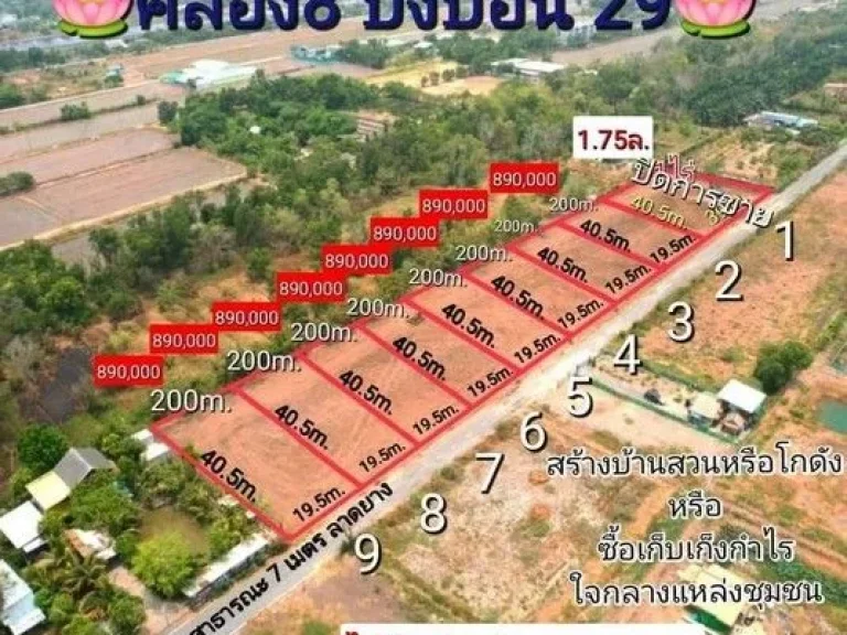 ที่ดินคลองแปด บึงบอน 29 หนองเสือ ปทุมธานี น้ำไฟฟ้าพร้อม ถนน 6