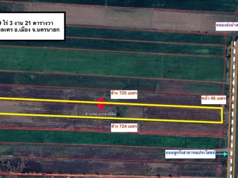 ขายที่นาติดคลอง 19 ไร่ 3 งาน 21 ตารางวา ตดงละคร อเมือง