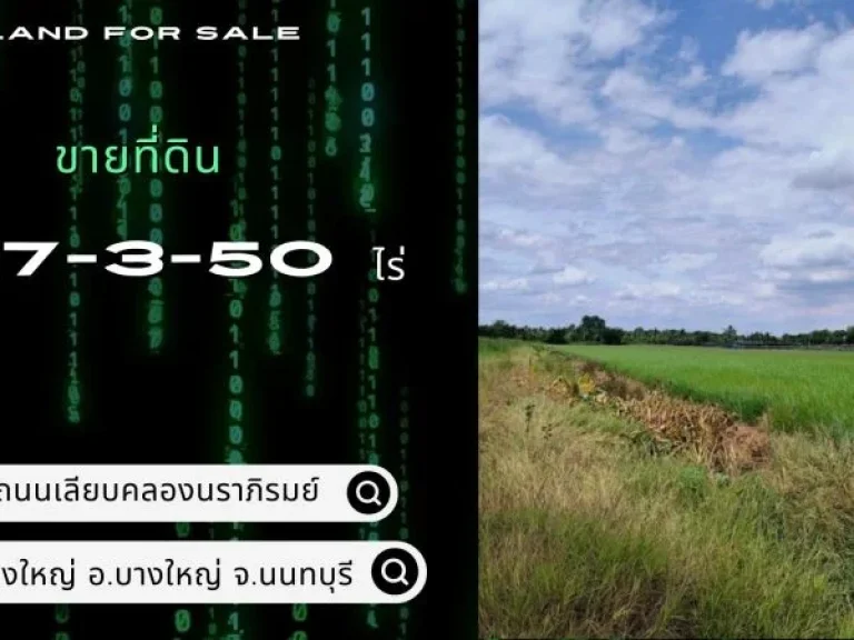 ที่ดินติดถนนเลียบคลองนราภิรมย์ อบางใหญ่ จนนทบุรี