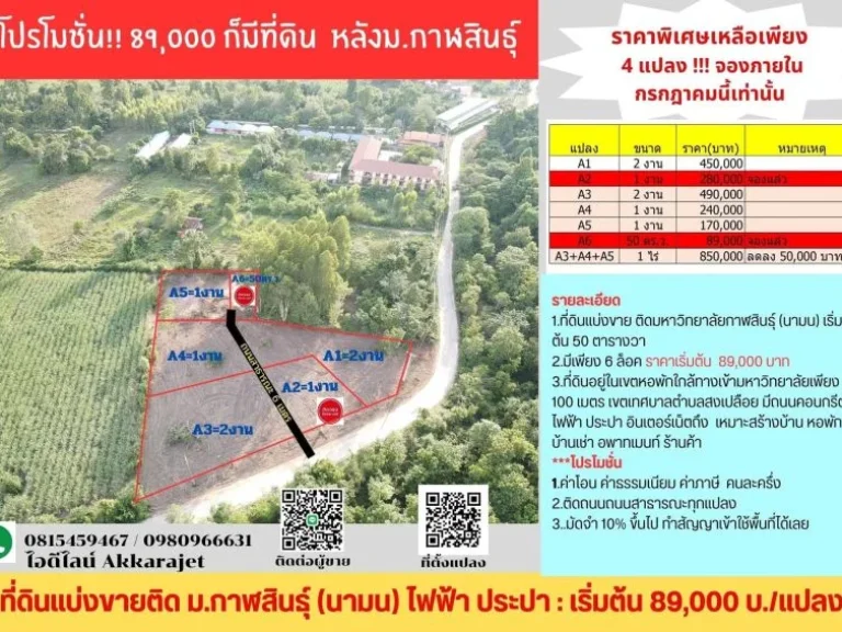 ที่ดินแบ่งขายติดมกาฬสินธุ์ เริ่มต้น 89000บาท