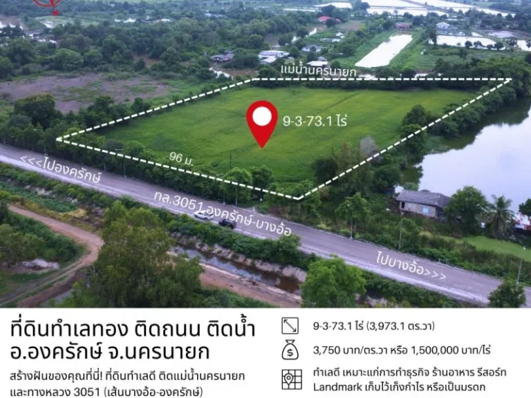 ที่ดินองครักษ์ 9-3-731 ไร่ หน้าติดทางหลวง 3051