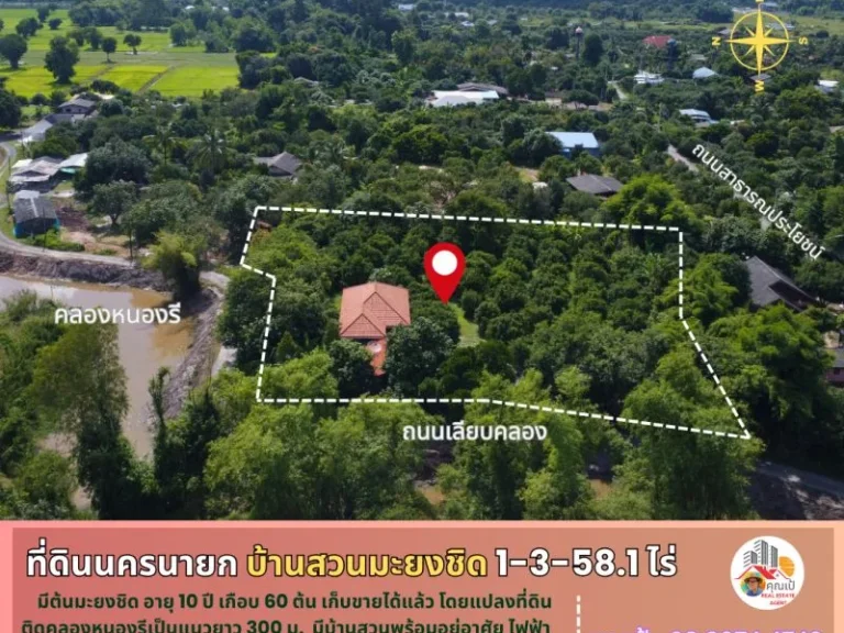 ที่ดินพร้อมบ้านสวนมะยงชิด นครนายก 1-3-581 ไร่ ติดคลองหนองรี