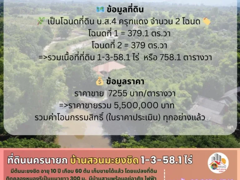 ที่ดินพร้อมบ้านสวนมะยงชิด นครนายก 1-3-581 ไร่ ติดคลองหนองรี