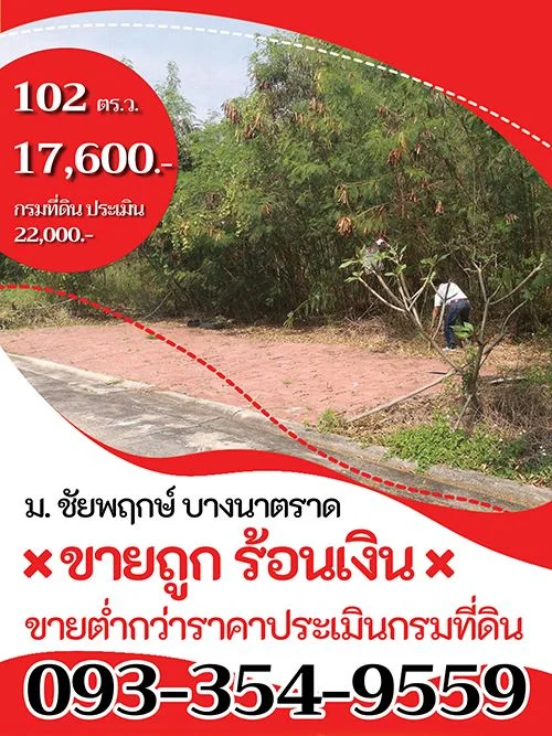 ขายถูก ร้อนเงิน ที่ดิน 102 ตรว. ม ชัยพฤกษ์ บางนาตราด กม. 18