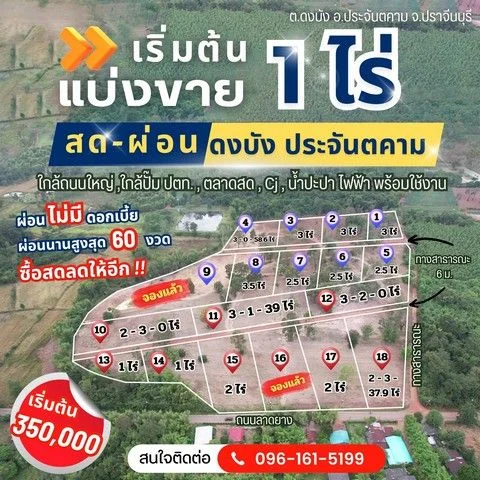 ขายที่ดินดงบัง ประจันตคาม สด/ผ่อน เริ่มต้น 1 ไร่