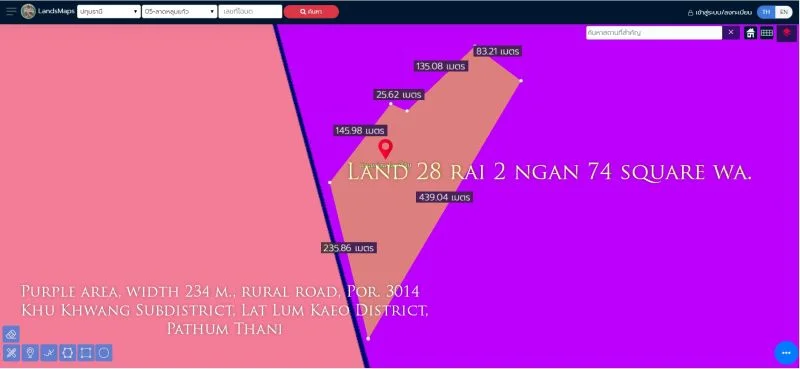 ขายที่ดิน28ไร่2งาน74ตารางวา พื้นที่สีม่วง หน้ากว้าง 234ม.