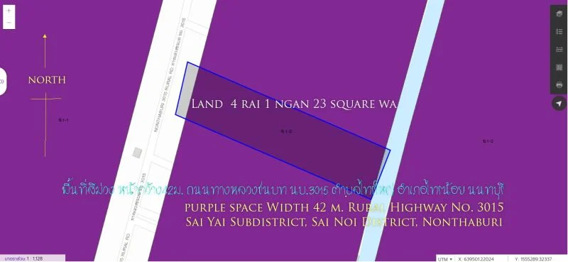 ที่ดิน 4ไร่1งาน23ตารางวา พื้นที่สีม่วง หน้ากว้าง42ม.