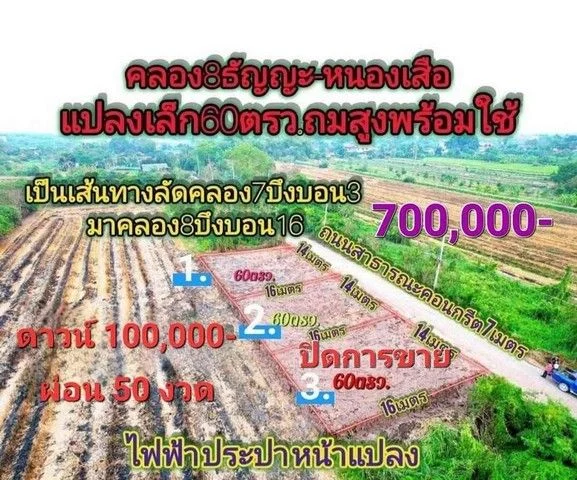 ขายที่ดินบึงบอน หนองเสือ ขนาด 60 ตรว. น้ำและไฟมีพร้อม