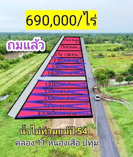 ขายที่ดินถมแล้ว คลอง 11 หนองเสือ 690,000/ไร่ ที่ดินหน้ากว้าง